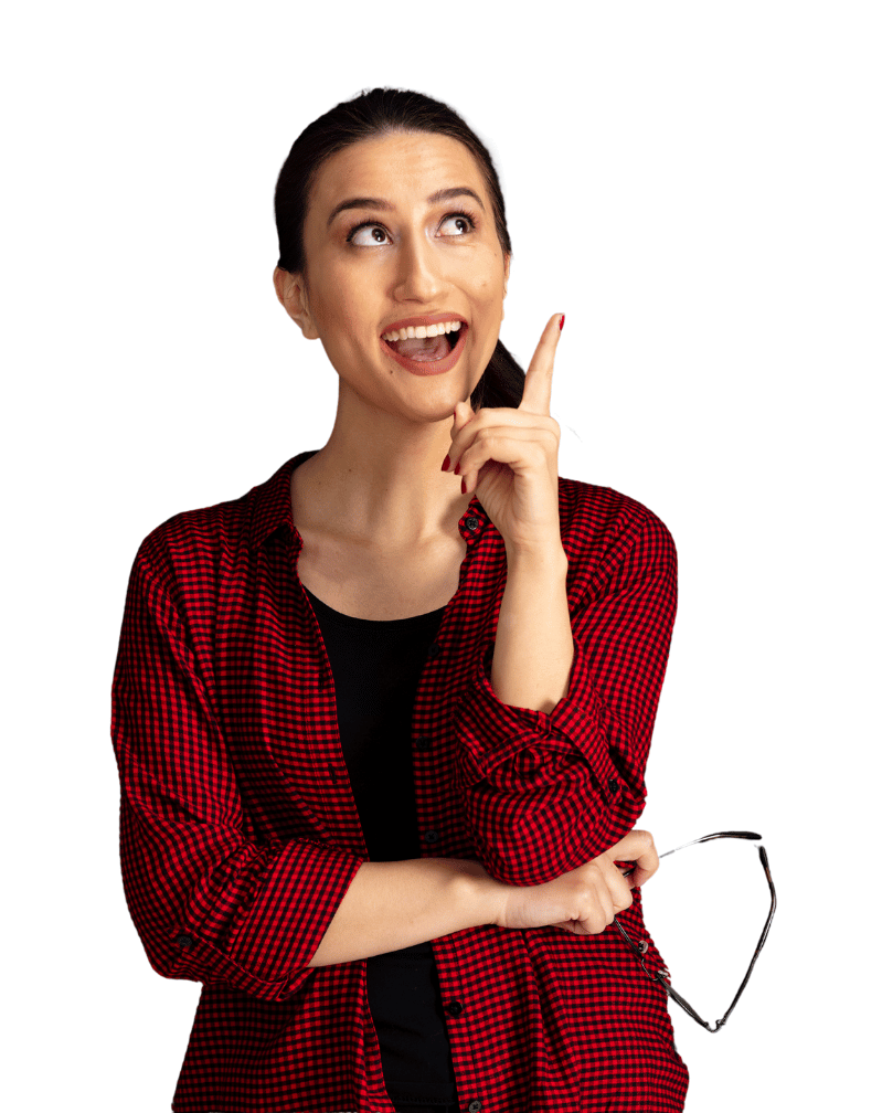 Frau mit erhobenem Zeigefinger hat Geistesblitz