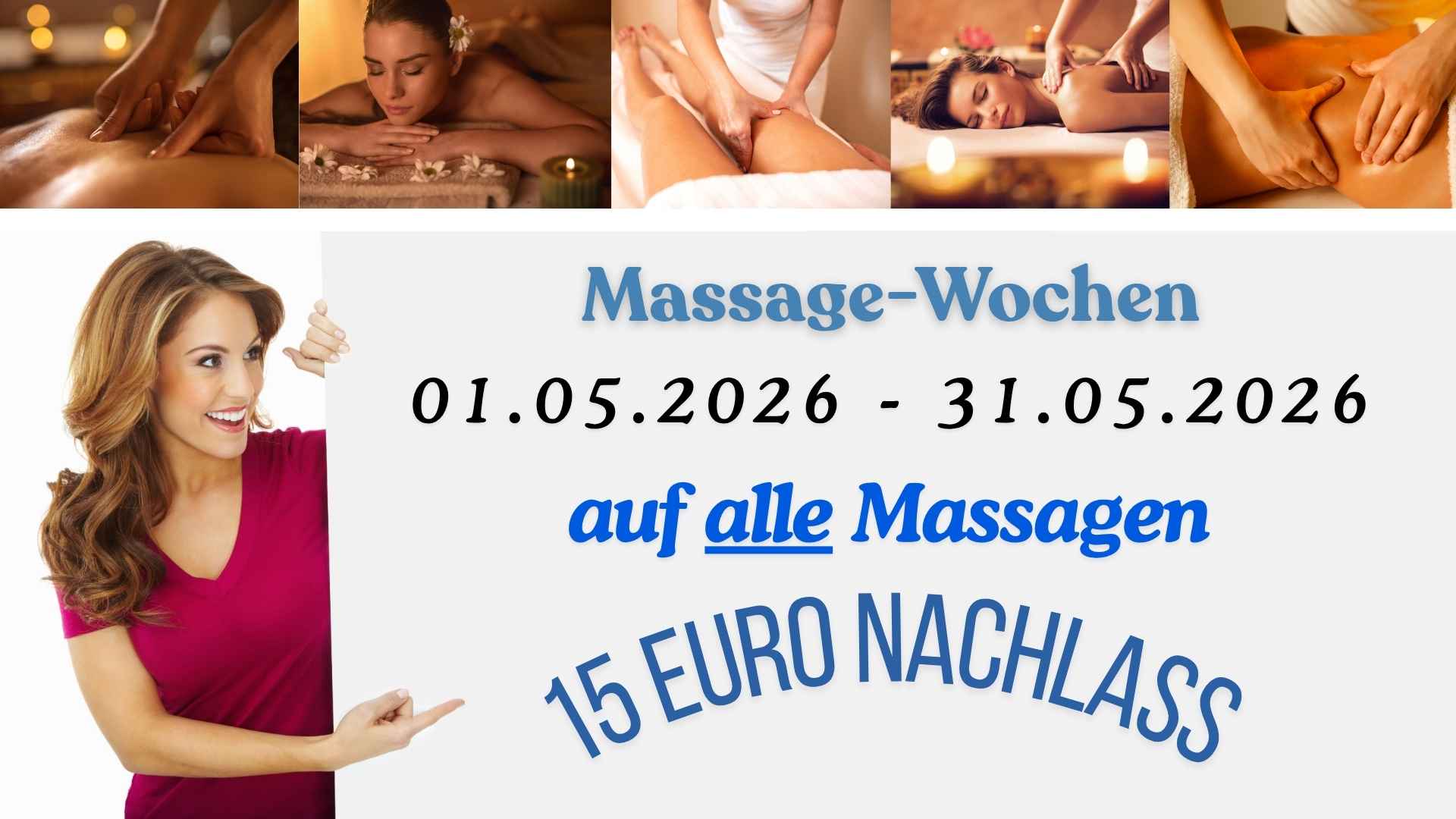 Werbebild als Kollage von verschiedenen Massagesituationen mit Frau im Vordergrund, welche Infotafel hält
